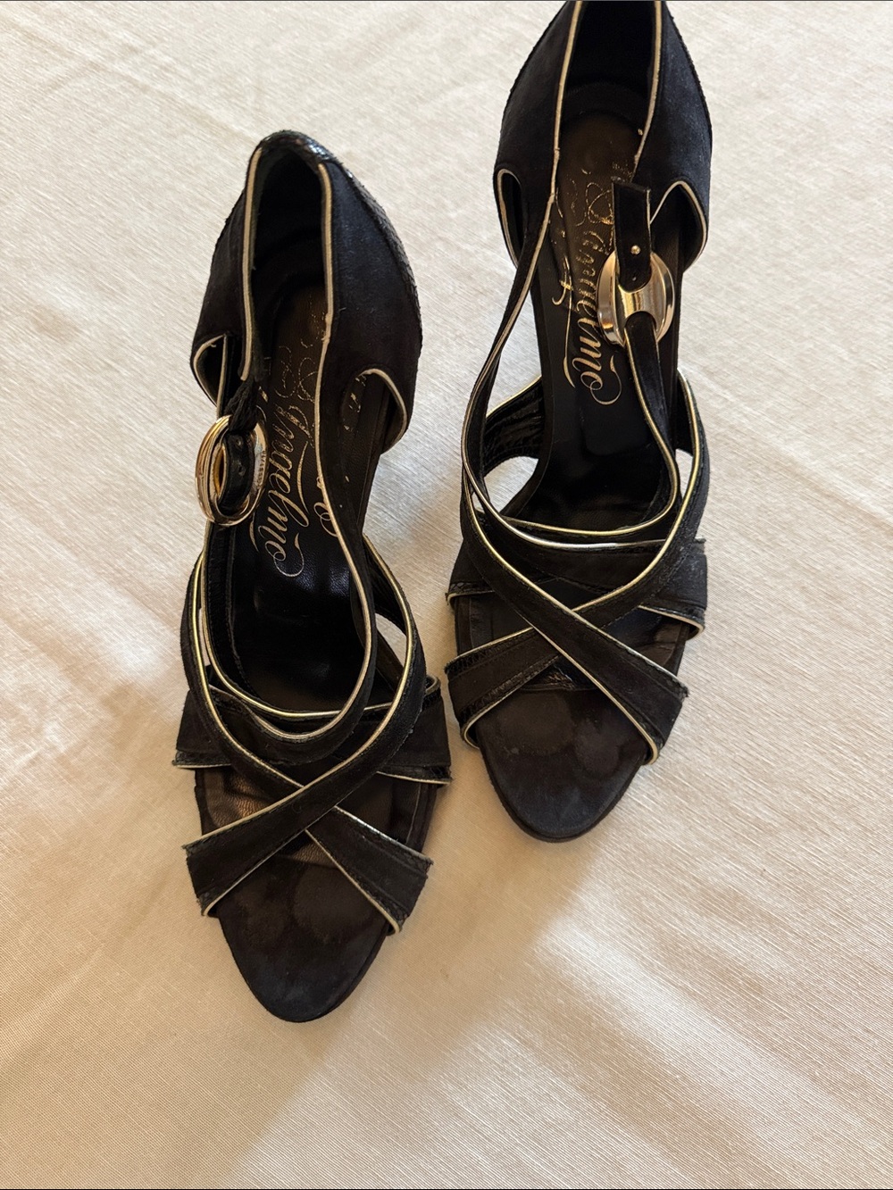 VINTAGE Black and gold Suede Strappy Heeled Sandals by Alejandro Ingelmo